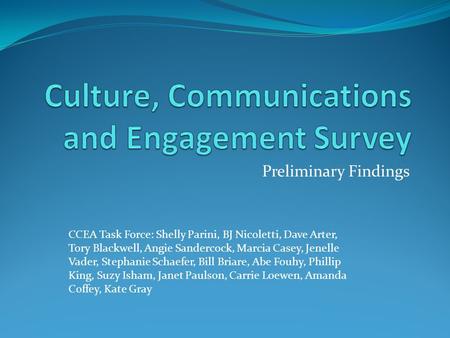 Preliminary Findings CCEA Task Force: Shelly Parini, BJ Nicoletti, Dave Arter, Tory Blackwell, Angie Sandercock, Marcia Casey, Jenelle Vader, Stephanie.