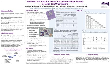 Validation of a Toolkit to Assess the Communication Climate in Health Care Organizations Matthew Wynia, MD, MPH, 1 Megan Johnson, MA, 1 Thomas P McCoy,