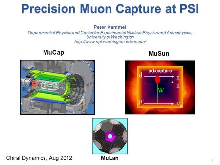 Precision Muon Capture at PSI 1 Peter Kammel Department of Physics and Center for Experimental Nuclear Physics and Astrophysics, University of Washington.