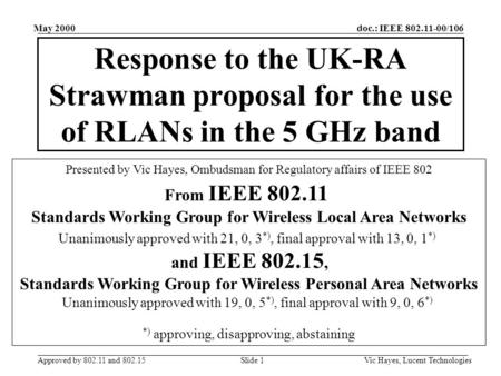 Doc.: IEEE 802.11-00/106 Approved by 802.11 and 802.15 May 2000 Vic Hayes, Lucent TechnologiesSlide 1 Copyright, 1996 © Dale Carnegie & Associates, Inc.