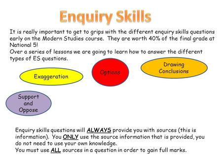 It is really important to get to grips with the different enquiry skills questions early on the Modern Studies course. They are worth 40% of the final.