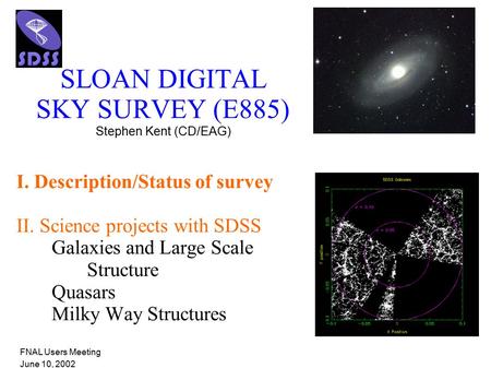 I. Description/Status of survey II. Science projects with SDSS Galaxies and Large Scale Structure Quasars Milky Way Structures SLOAN DIGITAL SKY SURVEY.