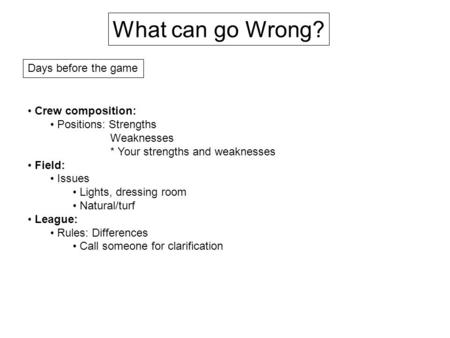 Days before the game Crew composition: Positions: Strengths Weaknesses * Your strengths and weaknesses Field: Issues Lights, dressing room Natural/turf.