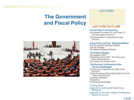 1 of 39 LECTURE 5 Government in the EconomyGovernment Purchases ( G ), Net Taxes ( T ), and Disposable income ( Y d ) The Determination of Equilibrium.