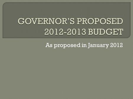 As proposed in January 2012.  Low Economic Recovery Continues  Uncertainty and Significant Risks Remain  Defining the Budget Gap  Temporary Tax Protects.