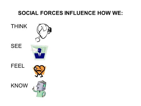 SOCIAL FORCES INFLUENCE HOW WE: THINK SEE FEEL KNOW.