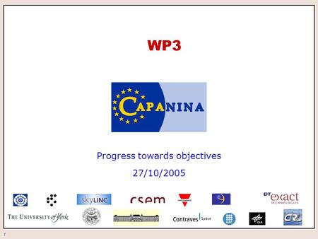 1 WP3 Progress towards objectives 27/10/2005. 2 WP3.1 Communications equipment for trials The objectives of this work package are: to configure existing.