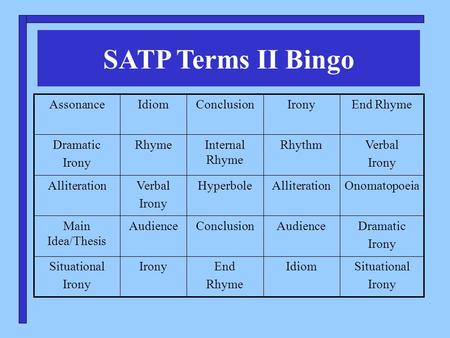 SATP Terms II Bingo Situational Irony IdiomEnd Rhyme IronySituational Irony Dramatic Irony AudienceConclusionAudienceMain Idea/Thesis OnomatopoeiaAlliterationHyperboleVerbal.