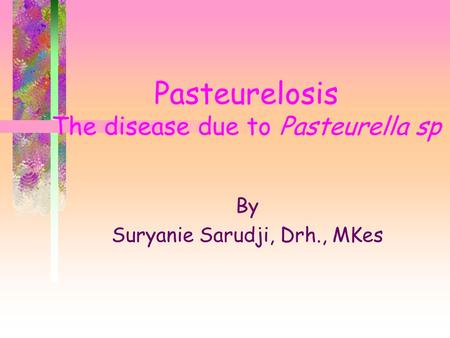 Pasteurelosis The disease due to Pasteurella sp By Suryanie Sarudji, Drh., MKes.