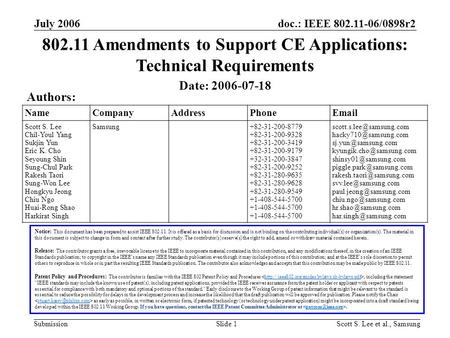 Doc.: IEEE 802.11-06/0898r2 Submission July 2006 Scott S. Lee et al., SamsungSlide 1 NameCompanyAddressPhoneEmail Scott S. Lee Chil-Youl Yang Sukjin Yun.