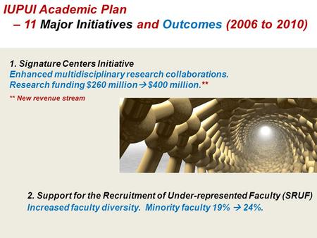 2. Support for the Recruitment of Under-represented Faculty (SRUF) Increased faculty diversity. Minority faculty 19%  24%. 1. Signature Centers Initiative.