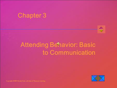 Copyright ©2007 Brooks/Cole, a division of Thomson Learning Chapter 3 Attending Behavior: Basic to Communication.