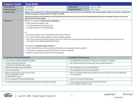 Lead FromThe Front Texas Nodal April 14 th, 2006 – Nodal Program Charter v0.9 1 Program CharterTexas Nodal Project NumberNP-60C00_01Charter DateApril 14.