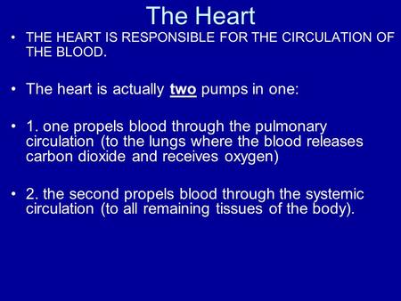 The Heart THE HEART IS RESPONSIBLE FOR THE CIRCULATION OF THE BLOOD. The heart is actually two pumps in one: 1. one propels blood through the pulmonary.