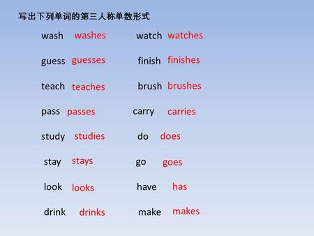 写出下列单词的第三人称单数形式 wash watch guess finish teach brush pass carry study do stay go look have drink make washes goes finishes teaches carries drinks does looks.