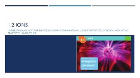 1.2 IONS UNDERSTANDING HOW THE ELECTRONS MOVE INSIDE AN ATOM ALLOWS SCIENTISTS TO CONTROL HOW ATOMS REACT WITH EACH OTHER.