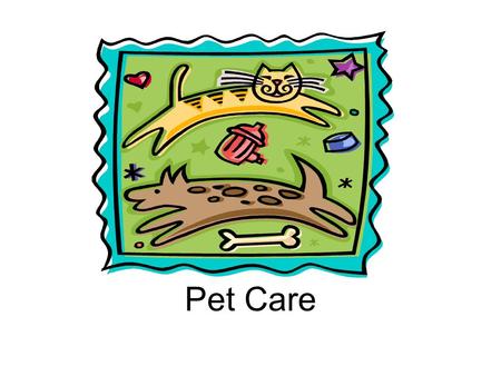 Pet Care.  Different Pets  Food for the Specific Pet  Care Needed for the Specific Pet  Living Space for the Specific Pet  Exercise Needed for the.