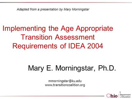 1 Implementing the Age Appropriate Transition Assessment Requirements of IDEA 2004 Mary E. Morningstar, Ph.D.