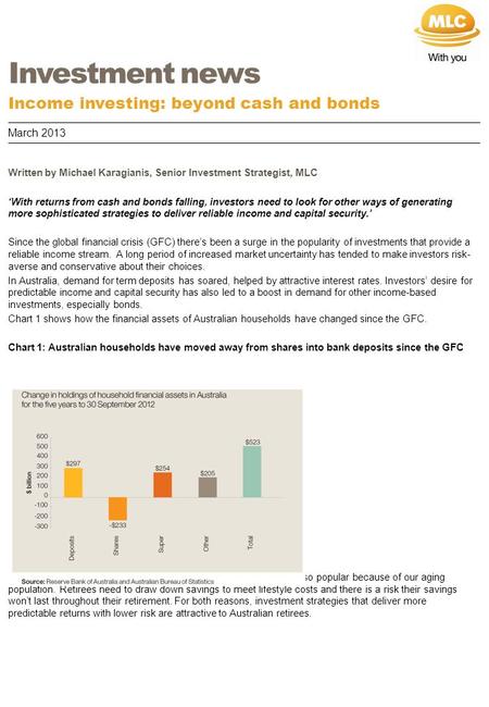 Written by Michael Karagianis, Senior Investment Strategist, MLC ‘With returns from cash and bonds falling, investors need to look for other ways of generating.