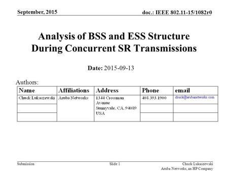 Submission doc.: IEEE 802.11-15/1082r0 Analysis of BSS and ESS Structure During Concurrent SR Transmissions September, 2015 Chuck Lukaszewski Aruba Networks,