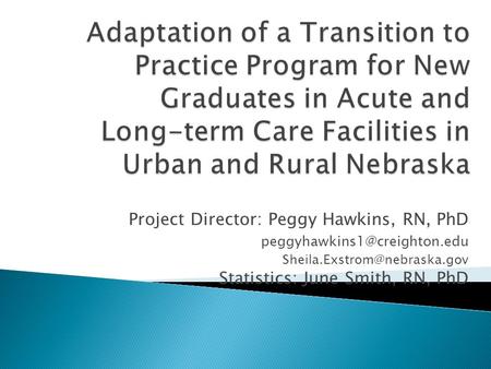 Project Director: Peggy Hawkins, RN, PhD  Statistics: June Smith, RN, PhD.