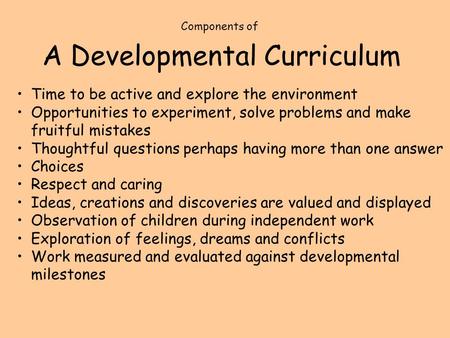 A Developmental Curriculum Time to be active and explore the environment Opportunities to experiment, solve problems and make fruitful mistakes Thoughtful.