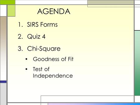 AGENDA SIRS Forms Quiz 4 Chi-Square Goodness of Fit