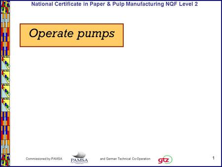 1 Commissioned by PAMSA and German Technical Co-Operation National Certificate in Paper & Pulp Manufacturing NQF Level 2 Operate pumps.