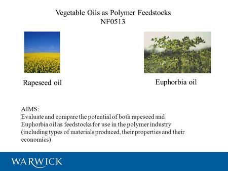 Vegetable Oils as Polymer Feedstocks NF0513 Rapeseed oil AIMS: Evaluate and compare the potential of both rapeseed and Euphorbia oil as feedstocks for.