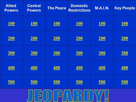 Allied Powers Central Powers The Peace Domestic Restrictions M.A.I.N.Key People 100 200 300 400 500 100 200 300 400 500 200 300 400 500 200 300 400 500.