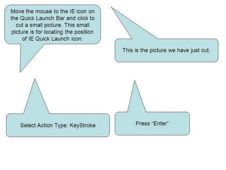 Move the mouse to the IE icon on the Quick Launch Bar and click to cut a small picture. This small picture is for locating the position of IE Quick Launch.