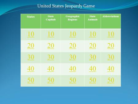 States State Capitals Geographic Regions State Animals Abbreviations 10 20 30 40 50 United States Jeopardy Game.