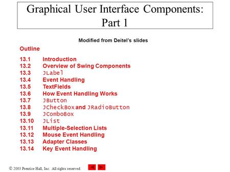  2003 Prentice Hall, Inc. All rights reserved. Outline 13.1 Introduction 13.2 Overview of Swing Components 13.3 JLabel 13.4 Event Handling 13.5 TextFields.