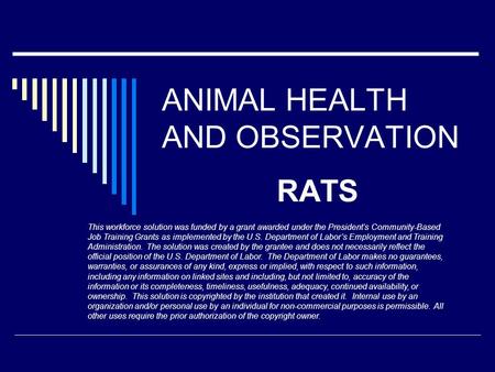 ANIMAL HEALTH AND OBSERVATION RATS This workforce solution was funded by a grant awarded under the President’s Community-Based Job Training Grants as implemented.