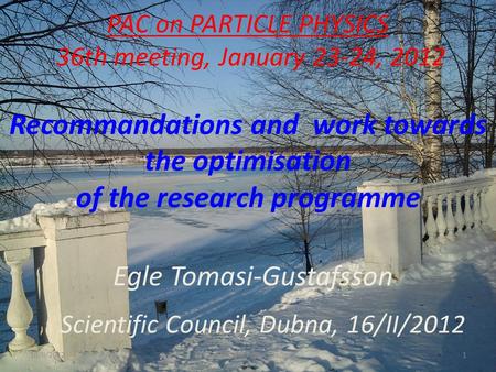 PAC on PARTICLE PHYSICS 36th meeting, January 23-24, 2012 Recommandations and work towards the optimisation of the research programme 16/II/20121Egle Tomasi-Gustafsson.