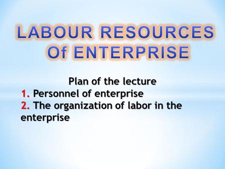 Plan of the lecture 1. Personnel of enterprise 2. The organization of labor in the enterprise.