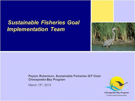 Peyton Robertson, Sustainable Fisheries GIT Chair Chesapeake Bay Program March 13 th, 2013 Sustainable Fisheries Goal Implementation Team.