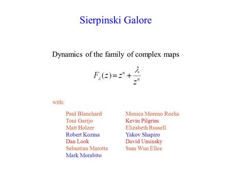 Dynamics of the family of complex maps Paul Blanchard Toni Garijo Matt Holzer Robert Kozma Dan Look Sebastian Marotta Mark Morabito with: Monica Moreno.