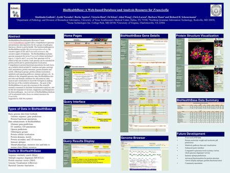 BioHealthBase: A Web-based Database and Analysis Resource for Francisella Shubhada Godbole 1, Jyothi Noronha 1, Burke Squires 1, Victoria Hunt 1, Ed Klem.