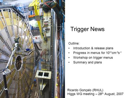 Ricardo Gonçalo (RHUL) Higgs WG meeting – 28 th August, 2007 Outline: Introduction & release plans Progress in menus for 10 31 cm -2 s -1 Workshop on trigger.