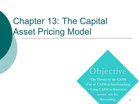 1 Chapter 13: The Capital Asset Pricing Model Copyright © Prentice Hall Inc. 2000. Author: Nick Bagley, bdellaSoft, Inc. Objective The Theory of the CAPM.