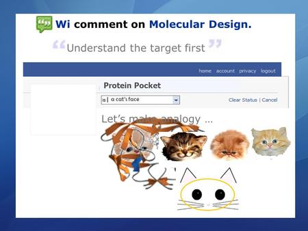 Understand the target first Wi comment on Molecular Design. Protein Pocket a cat’s face Let’s make analogy …