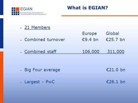 EGIAN European Group of International Accounting Networks and Associations What is EGIAN?  21 Members Europe Global  Combined turnover€9.4 bn €25.7 bn.