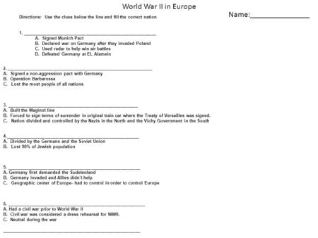 Directions: Use the clues below the line and fill the correct nation 1. _______________________________________________________ A. Signed Munich Pact B.