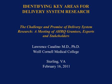 IDENTIFYING KEY AREAS FOR DELIVERY SYSTEM RESEARCH The Challenge and Promise of Delivery System Research: A Meeting of AHRQ Grantees, Experts and Stakeholders.