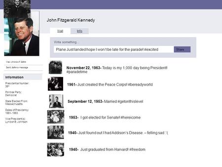 Fakebook John Fitzgerald Kennedy View photos of John Send John a message Wall Info Plane Just landed hope I won’t be late for the parade! #excited Write.