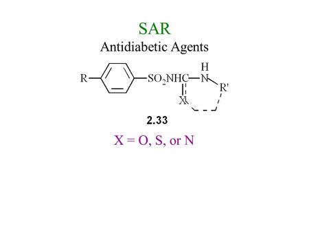 SAR Antidiabetic Agents X = O, S, or N. SAR Diuretics (2 types) hydrochlorothiazides R 2 is an electrophilic group high ceiling type.