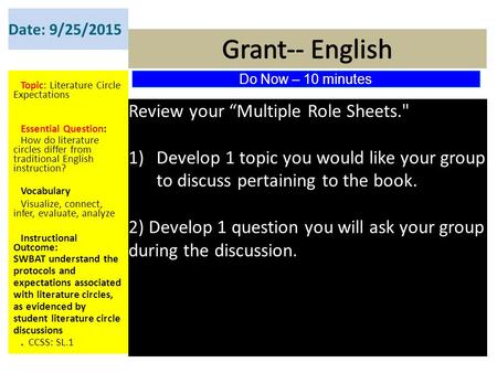 Date: 9/25/2015 Topic: Literature Circle Expectations Essential Question: How do literature circles differ from traditional English instruction? Vocabulary.