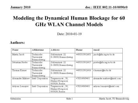 Doc.: IEEE 802.11-10/0090r0 SubmissionMartin Jacob, TU Braunschweig January 2010 Slide 1 Modeling the Dynamical Human Blockage for 60 GHz WLAN Channel.