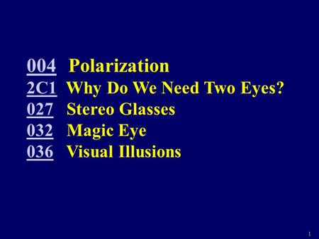 1 004004 Polarization 2C12C1 Why Do We Need Two Eyes? 027027 Stereo Glasses 032032 Magic Eye 036036 Visual Illusions.